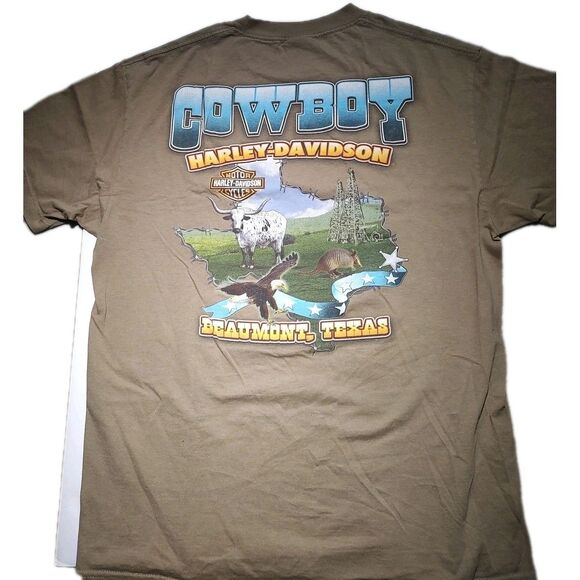 Cowboy Beaumont TX, HARLEY Davidson  Brown T Shirt  LG Motorcycle Biker Tee - Picture 1 of 5
